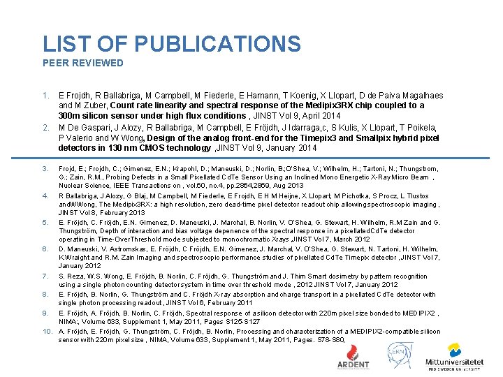 LIST OF PUBLICATIONS PEER REVIEWED 1. E Frojdh, R Ballabriga, M Campbell, M Fiederle,