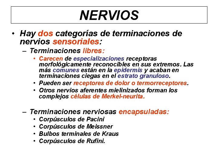 NERVIOS • Hay dos categorías de terminaciones de nervios sensoriales: – Terminaciones libres: •