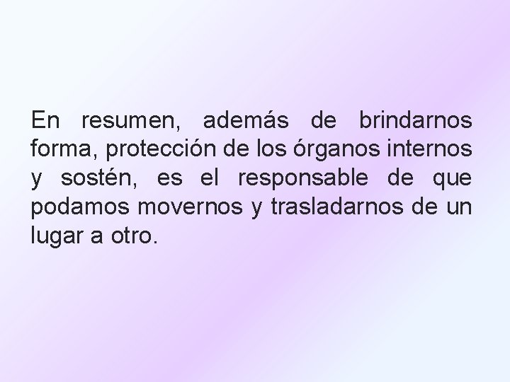 En resumen, además de brindarnos forma, protección de los órganos internos y sostén, es