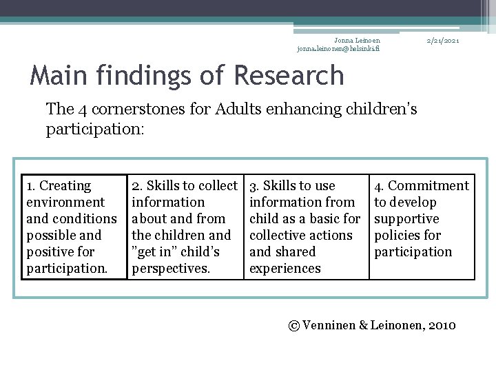 Jonna Leinoen jonna. leinonen@helsinki. fi 2/21/2021 Main findings of Research The 4 cornerstones for