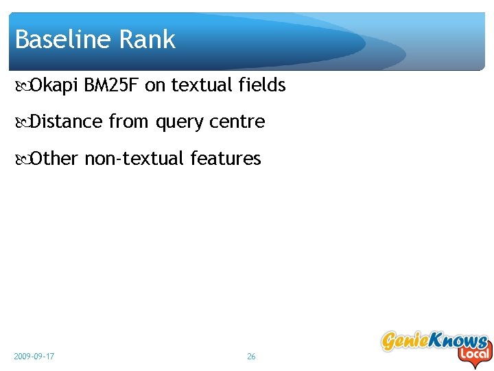 Baseline Rank Okapi BM 25 F on textual fields Distance from query centre Other