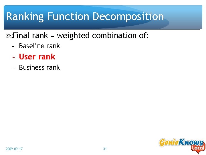 Ranking Function Decomposition Final rank = weighted combination of: - Baseline rank - User