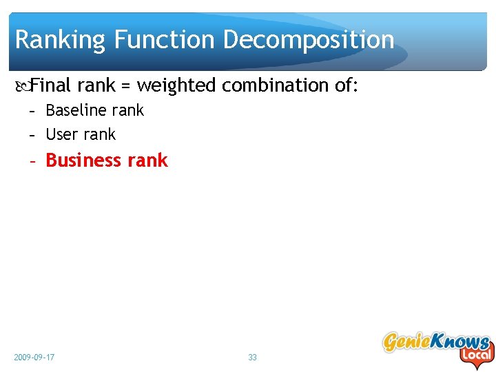 Ranking Function Decomposition Final rank = weighted combination of: - Baseline rank - User