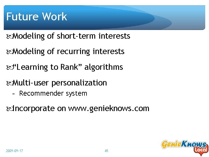 Future Work Modeling of short-term interests Modeling of recurring interests “Learning to Rank” algorithms