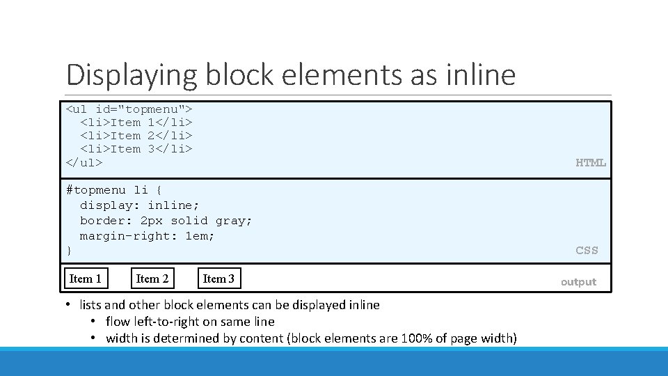 Displaying block elements as inline <ul id="topmenu"> <li>Item 1</li> <li>Item 2</li> <li>Item 3</li> </ul>