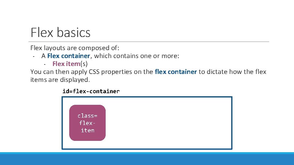 Flex basics Flex layouts are composed of: - A Flex container, which contains one