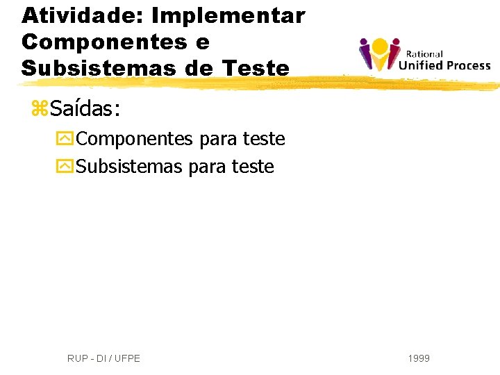 Atividade: Implementar Componentes e Subsistemas de Teste z. Saídas: y. Componentes para teste y.