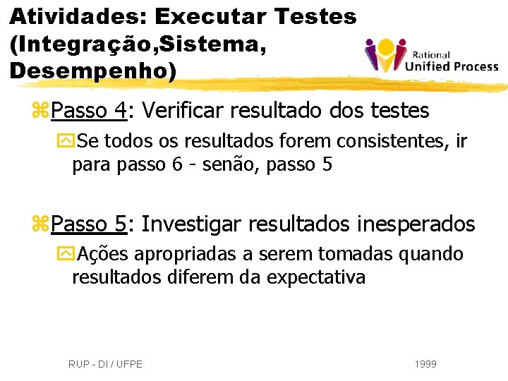 Atividades: Executar Testes (Integração, Sistema, Desempenho) z. Passo 4: Verificar resultado dos testes y.