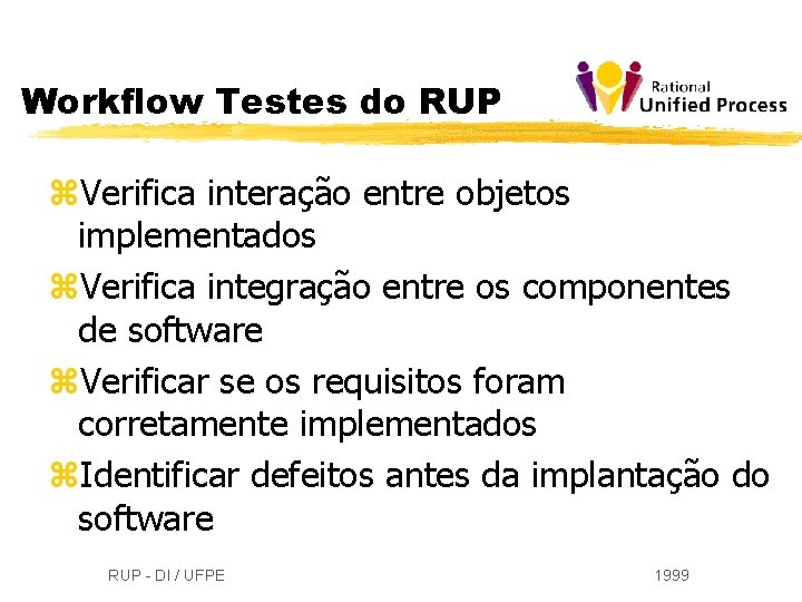 Workflow Testes do RUP z. Verifica interação entre objetos implementados z. Verifica integração entre