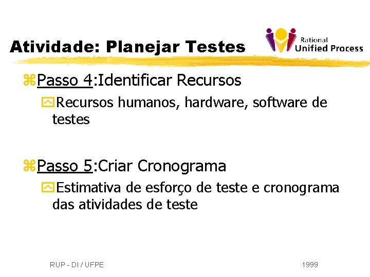 Atividade: Planejar Testes z. Passo 4: Identificar Recursos y. Recursos humanos, hardware, software de