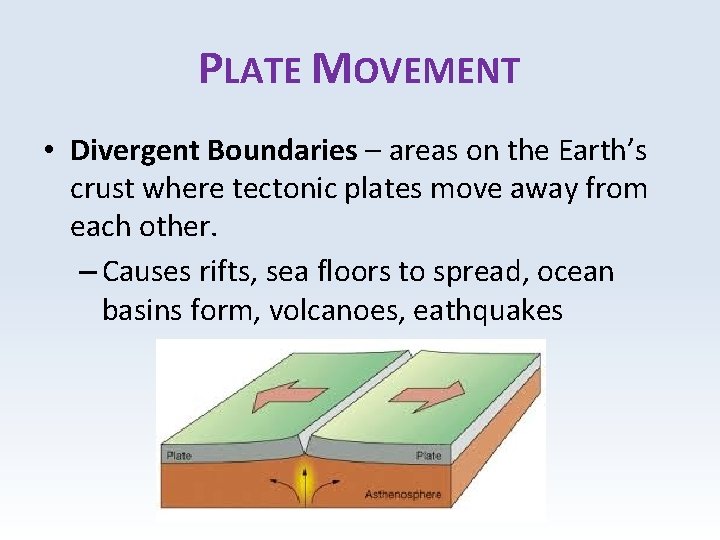 PLATE MOVEMENT • Divergent Boundaries – areas on the Earth’s crust where tectonic plates
