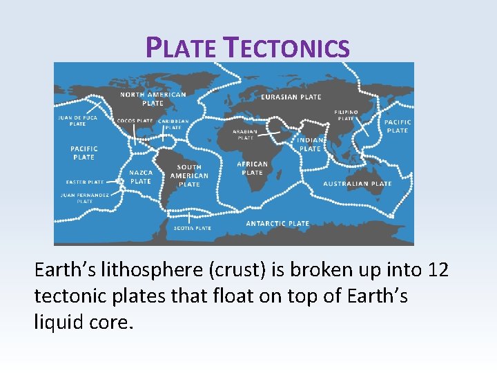 PLATE TECTONICS Earth’s lithosphere (crust) is broken up into 12 tectonic plates that float