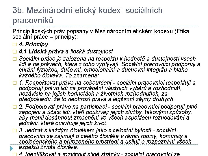 3 b. Mezinárodní etický kodex sociálních pracovníků Princip lidských práv popsaný v Mezinárodním etickém