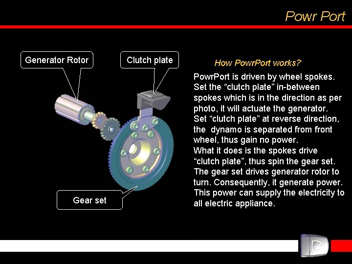 Powr Port Generator Rotor Gear set Clutch plate How Powr. Port works? Powr. Port