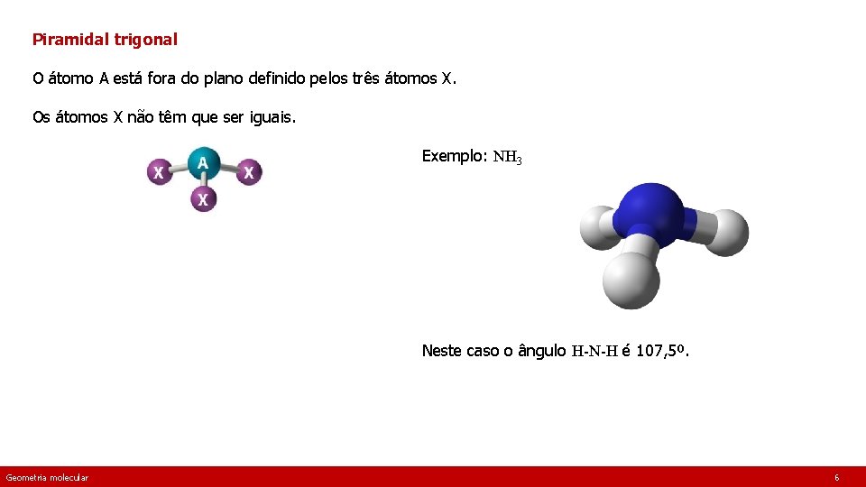 Piramidal trigonal O átomo A está fora do plano definido pelos três átomos X.