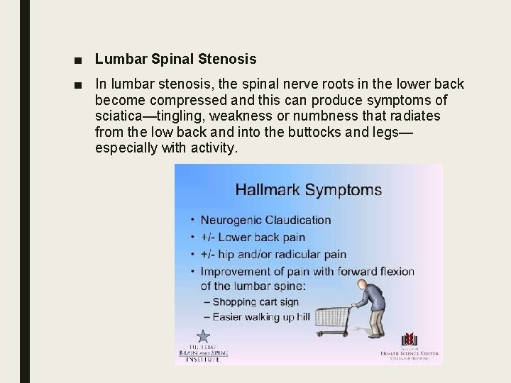 ■ Lumbar Spinal Stenosis ■ In lumbar stenosis, the spinal nerve roots in the