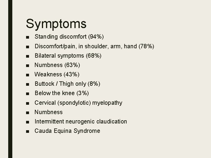 Symptoms ■ Standing discomfort (94%) ■ Discomfort/pain, in shoulder, arm, hand (78%) ■ Bilateral