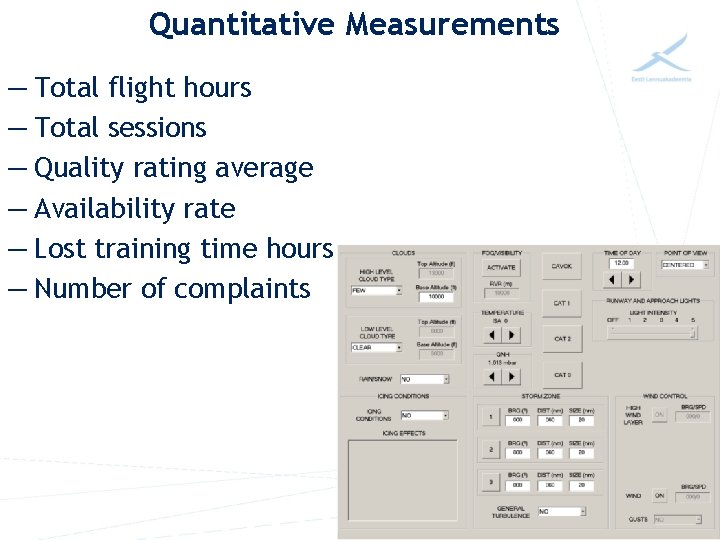 Quantitative Measurements — Total flight hours — Total sessions — Quality rating average —