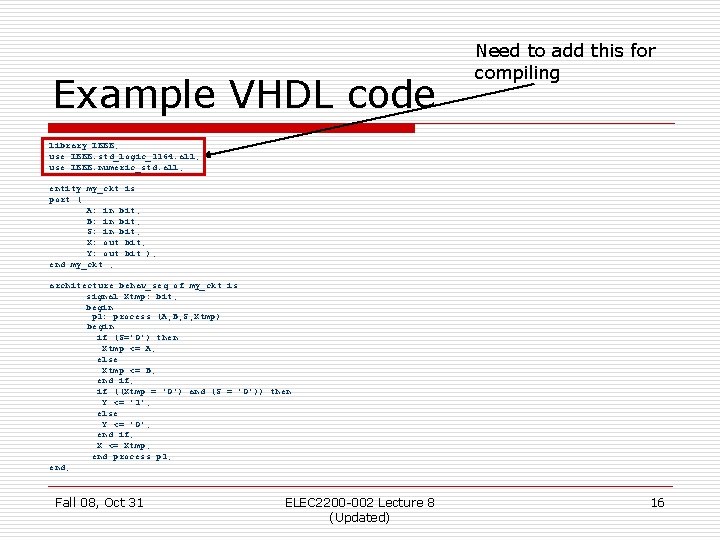 Example VHDL code Need to add this for compiling library IEEE; use IEEE. std_logic_1164.