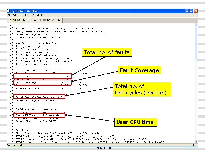 Total no. of faults Fault Coverage Total no. of test cycles (vectors) User CPU