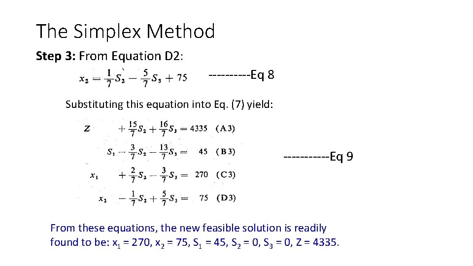 The Simplex Method Step 3: From Equation D 2: -----Eq 8 Substituting this equation