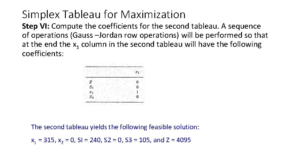 Simplex Tableau for Maximization Step VI: Compute the coefficients for the second tableau. A