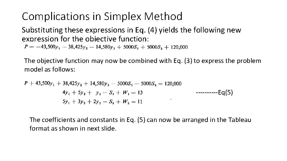 Complications in Simplex Method Substituting these expressions in Eq. (4) yields the following new