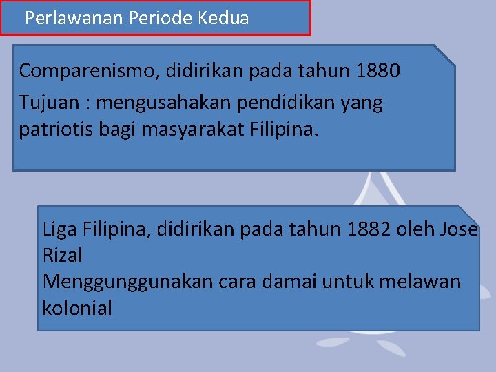 Perlawanan Periode Kedua Comparenismo, didirikan pada tahun 1880 Tujuan : mengusahakan pendidikan yang patriotis