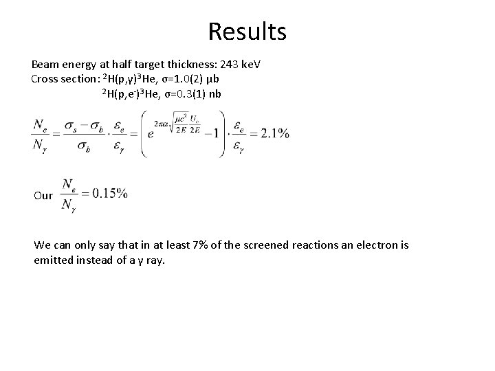 Results Beam energy at half target thickness: 243 ke. V Cross section: 2 H(p,