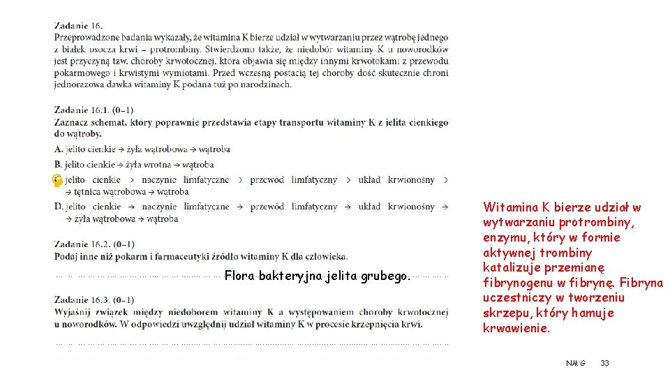 Flora bakteryjna jelita grubego. Witamina K bierze udział w wytwarzaniu protrombiny, enzymu, który w