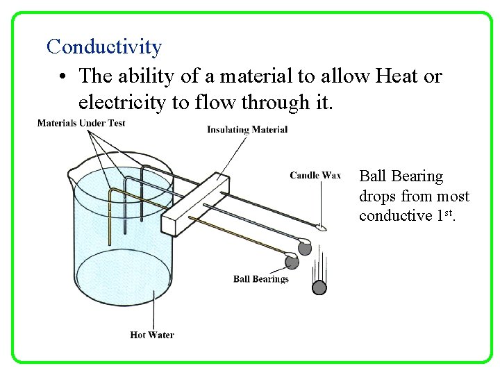 Conductivity • The ability of a material to allow Heat or electricity to flow