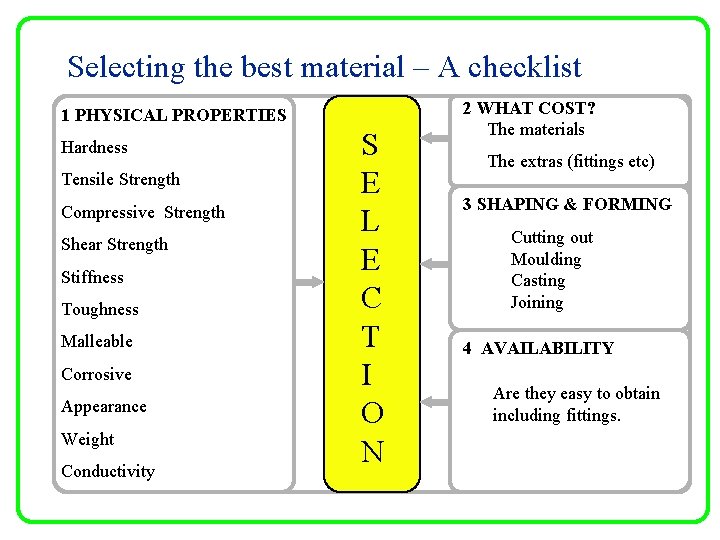 Selecting the best material – A checklist 1 PHYSICAL PROPERTIES Hardness Tensile Strength Compressive