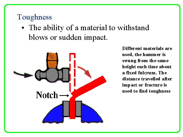 Toughness • The ability of a material to withstand blows or sudden impact. Different