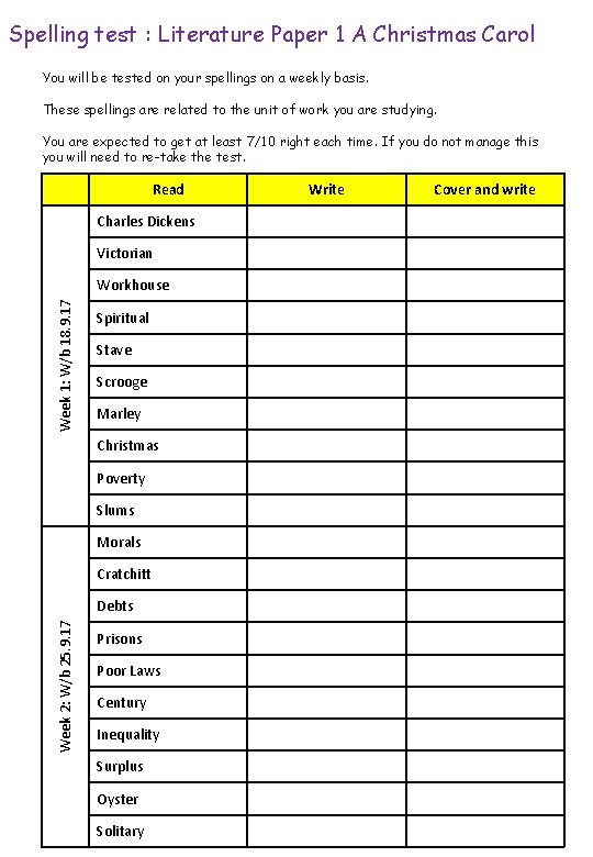 Spelling test : Literature Paper 1 A Christmas Carol You will be tested on