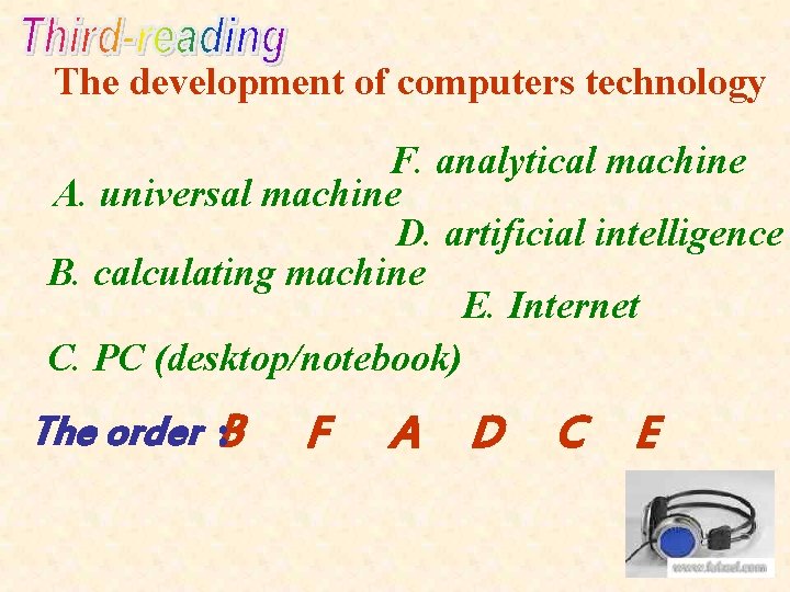 The development of computers technology F. analytical machine A. universal machine D. artificial intelligence