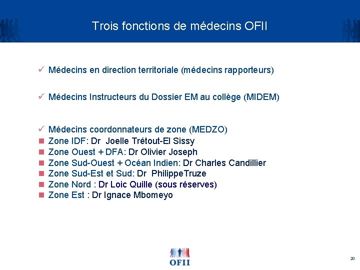 Trois fonctions de médecins OFII ü Médecins en direction territoriale (médecins rapporteurs) ü Médecins