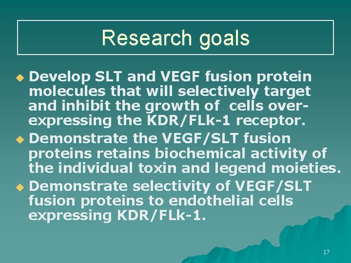 Research goals Develop SLT and VEGF fusion protein molecules that will selectively target and