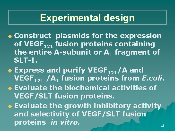 Experimental design Construct plasmids for the expression of VEGF 121 fusion proteins containing the