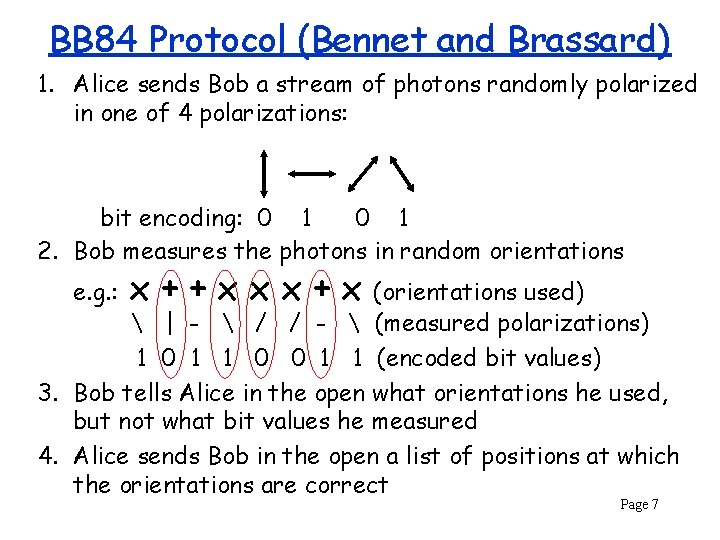 BB 84 Protocol (Bennet and Brassard) 1. Alice sends Bob a stream of photons