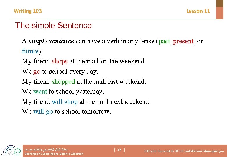 Writing 103 Lesson 11 The simple Sentence A simple sentence can have a verb