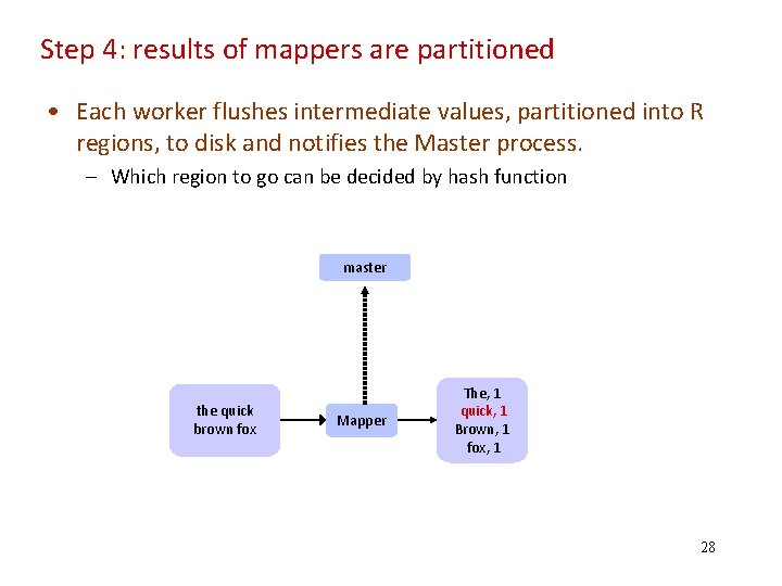 Step 4: results of mappers are partitioned • Each worker flushes intermediate values, partitioned