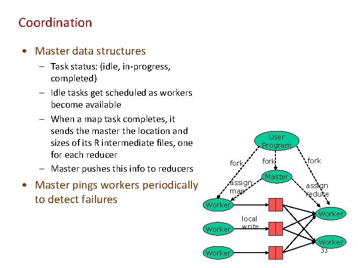 Coordination • Master data structures – Task status: (idle, in‐progress, completed) – Idle tasks
