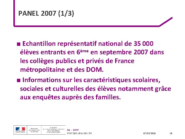 PANEL 2007 (1/3) ■ Echantillon représentatif national de 35 000 élèves entrants en 6ème PANEL 2007 (1/3) ■ Echantillon représentatif national de 35 000 élèves entrants en 6ème