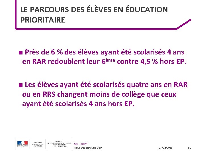 LE PARCOURS DES ÉLÈVES EN ÉDUCATION PRIORITAIRE ■ Près de 6 % des élèves LE PARCOURS DES ÉLÈVES EN ÉDUCATION PRIORITAIRE ■ Près de 6 % des élèves