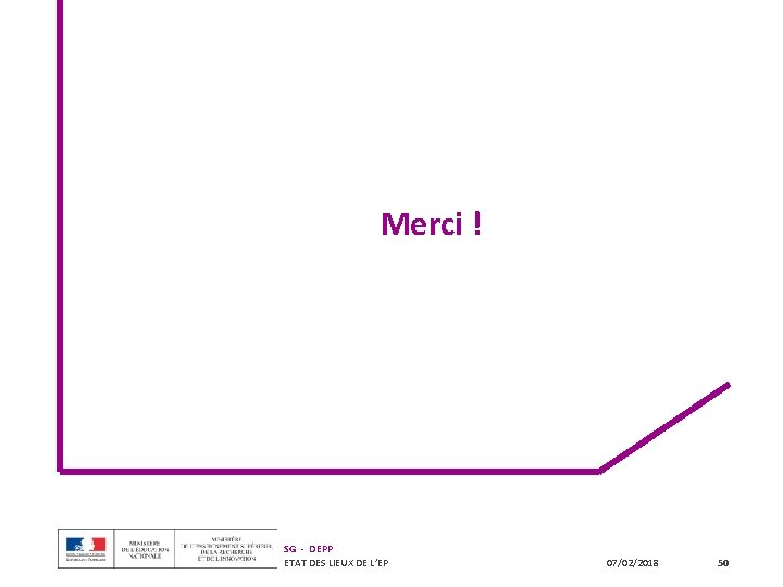 Merci ! SG - DEPP ETAT DES LIEUX DE L’EP 07/02/2018 50 Merci ! SG - DEPP ETAT DES LIEUX DE L’EP 07/02/2018 50