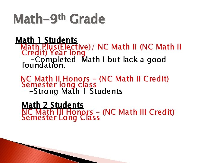 Math-9 th Grade Math 1 Students Math Plus(Elective)/ NC Math II (NC Math II Math-9 th Grade Math 1 Students Math Plus(Elective)/ NC Math II (NC Math II