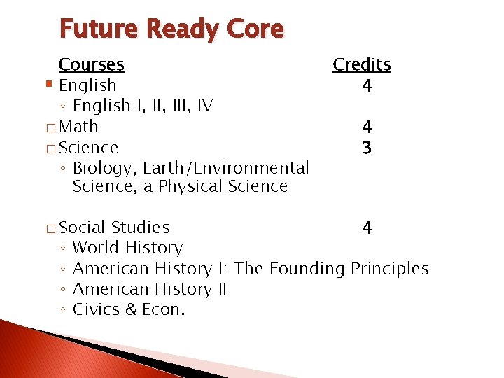 Future Ready Core Courses § English ◦ English I, III, IV � Math �