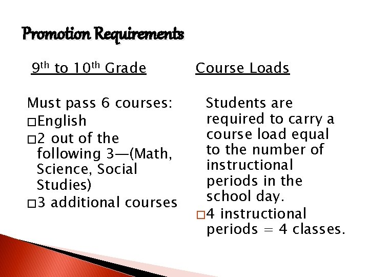 Promotion Requirements 9 th to 10 th Grade Must pass 6 courses: � English