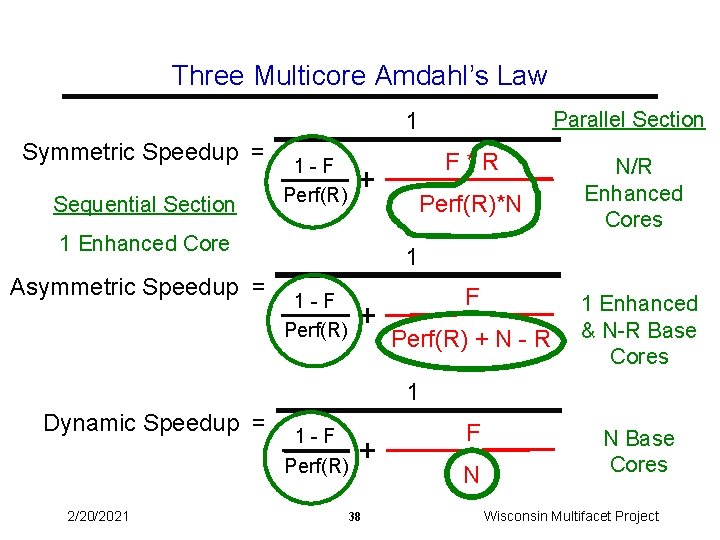 Three Multicore Amdahl’s Law Parallel Section 1 Symmetric Speedup = Sequential Section 1 -F