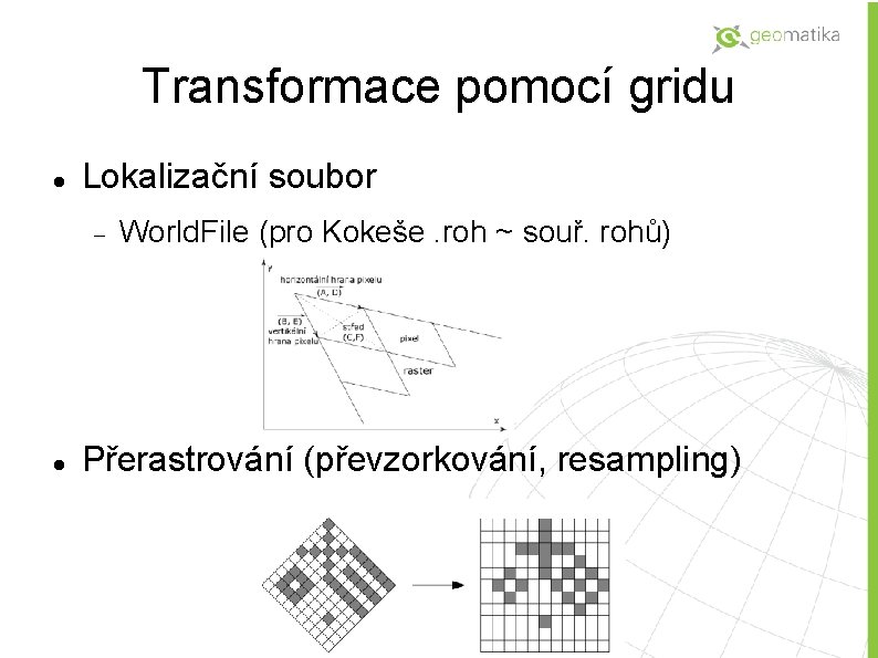 Transformace pomocí gridu Lokalizační soubor World. File (pro Kokeše. roh ~ souř. rohů) Přerastrování